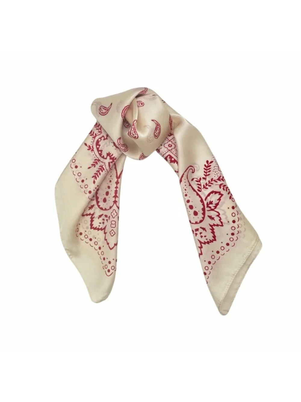 ✨Elegant Silky Square Scarf Retro Print White Burgundy Paisley Head Wrap Bandana
